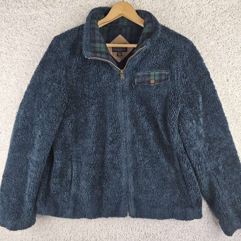 Pendleton Deep Pile Fleece Black Watch Tartan Plaid‎ Wool Blend Zip Jacket Sz XL